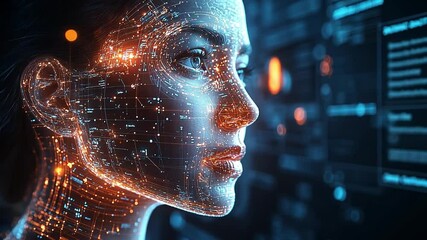 Poster - A futuristic digital portrait of a woman with glowing technology features in a high-tech environment
