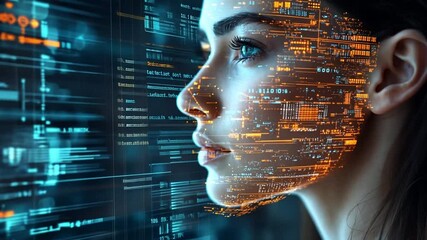 Poster - A young woman thoughtfully gazes into a digital landscape filled with glowing data and circuits