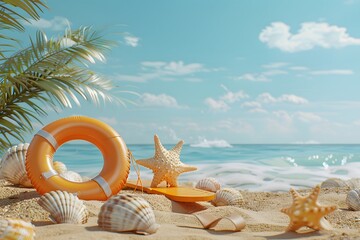 Wall Mural - Tranquil Beach Scene with Lifebuoy and Seashells