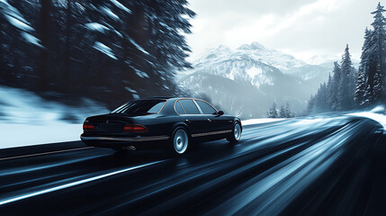 Poster - a generic and unbranded luxury car running on mountain street, illustration