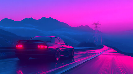 Poster - a generic and unbranded modern car running on mountain street, illustration