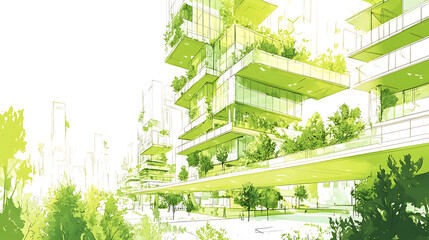 Poster - A sketch of an isolated green buildings promoting walkability and clean public infrastructure, The sustainable urbanism design highlighting a carbon-neutral, eco-friendly architecture