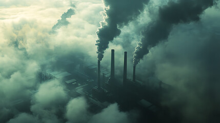 Poster - concept of carbon emissions, represented by smoke billowing from factory chimneys and sinking into a