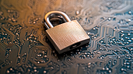 Poster - Cybersecurity concept depicting a padlock on top of a microchip board, symbolizing protection, safety, and secure connections in the digital world