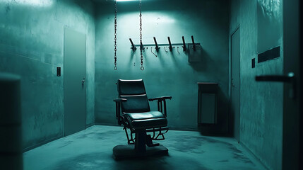 Fototapete - Electric chair in a jail room created by