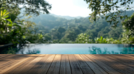 Poster - Empty wooden table in front with blurred background of swimming pool