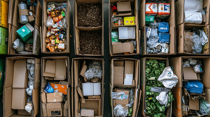 Aufkleber - Engaging overhead shot of recycled cardboard boxes arranged neatly, signifying the eco zero waste concept, Copy space for versatile uses, fostering an environment friendly mindset