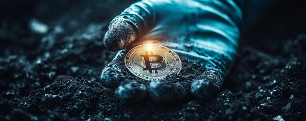 Poster - Gloved hand holding bitcoin coin in dark soil, close-up view. Cryptocurrency and investment concept