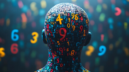 Poster - a head with colorful numerals from behind