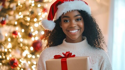 Smiling Black woman in a Santa hat holding a wrapped Christmas gift with red ribbon, standing by the tree. Ideal for festive ads or seasonal greetings