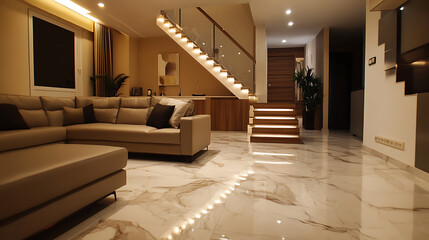 Poster - a modern living room with a couch and stair and marble flooring
