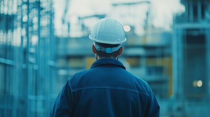 Aufkleber - a working builder in a protective helmet stands against the background of a construction or industri