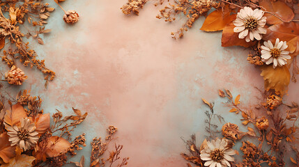 Poster - autumn composition of dry autumn leaves and flowers on a pastel background, top view, copyspace