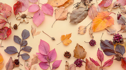 Poster - autumn composition of dry autumn leaves and flowers on a pastel background, top view, copyspace