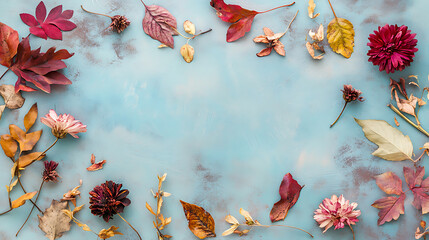 Aufkleber - autumn composition of dry autumn leaves and flowers on a pastel background, top view, copyspace