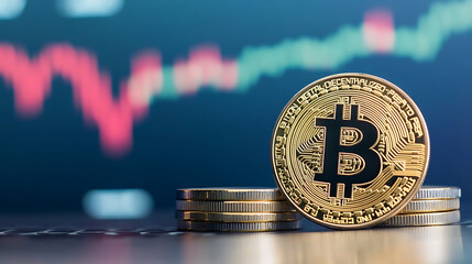 Poster - bitcoin market and cryptocurrency concepts on an abstract blue-gray background