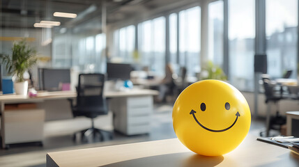 Poster - Positivity in the workplace demonstrated by a yellow smiling ball in the office interior, promoting a positive work environment and inspiring corporate culture