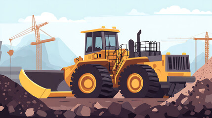 Poster - Powerful wheel loader or bulldozer working in a quarry or construction site, earthworks in construction, Powerful modern earthmoving equipment