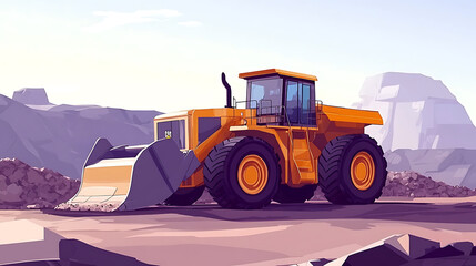 Poster - Powerful wheel loader or bulldozer working in a quarry or construction site, earthworks in construction, Powerful modern earthmoving equipment