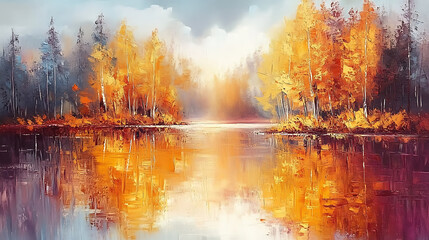 Poster - reflection of autumn trees in water, autumn lake, oil paint