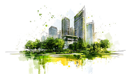 Poster - Sketch of a sustainable development project isolated on a white background, Green project, underlining the importance of environmental considerations in planning and architecture, Generative A