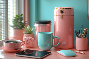 Sticker - Remote work images featuring stylish coffee mugs, planners, and tech devices appeal to lifestyle bloggers. Concept of lifestyle branding.