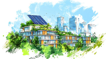 Aufkleber - Sketch of sustainable urban architecture, featuring green roofs and solar panels, Eco friendly design, energy efficiency, carbon neutral buildings, and biophilic elements for smart city
