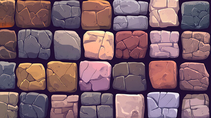 Leinwandbilder - Stone work, Masonry made of old stone, Set of stones of different shapes and colors, Vector, cartoon illustration