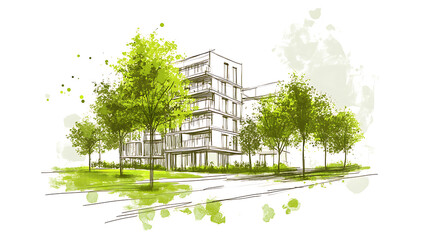 Poster - Sustainable development project sketch, green building and trees, Urban planning, green space, and environmental sustainability, with energy efficiency and reduced carbon footprint