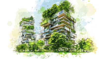 Poster - Sustainable development project sketch, green building and trees, Urban planning, green space, and environmental sustainability, with energy efficiency and reduced carbon footprint