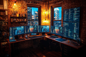 Poster - Photos showing productive remote work environments, complete with multiple monitors, gain traction online. Concept of productivity.