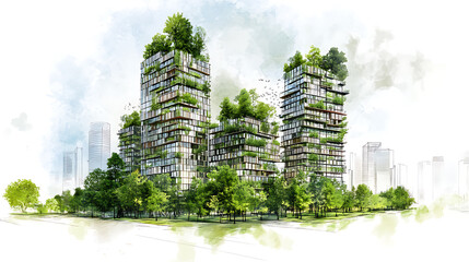 Leinwandbilder - Sustainable development project sketch, green building and trees, Urban planning, green space, and environmental sustainability, with energy efficiency and reduced carbon footprint
