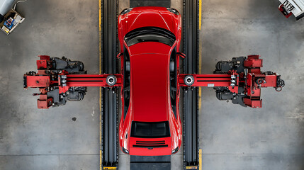 Aufkleber - Top view of a car lifted with red hydraulic floor jack