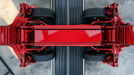 Poster - Top view of a car lifted with red hydraulic floor jack