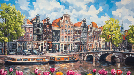 Poster - Traditional old buildings in Amsterdam with colorful tulips