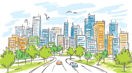 Poster - Urban planning sketch highlighting sustainable elements like green spaces, public transportation, and pedestrian zones -