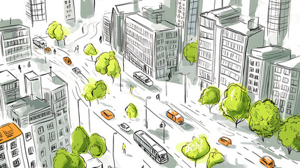 Aufkleber - Urban planning sketch highlighting sustainable elements like green spaces, public transportation, and pedestrian zones -