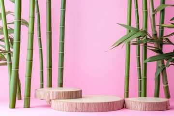 Bamboo stems and podiums on pink background  with generative ai