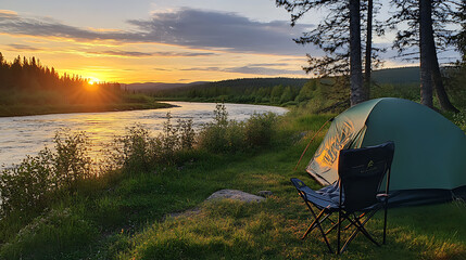 Poster - tent and camping chair set up on the grass near a river with sunset