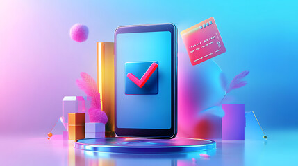 Aufkleber - vector 3d illustration of mobile phone with check mark on screen, Digital financial services and online shopping,Internet banking, Access to money on a bank card thro