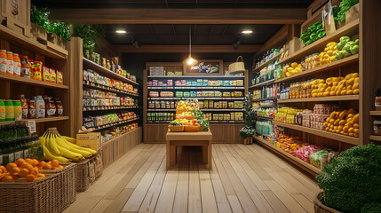 Poster - wooden wooden table, aisle and grocery store