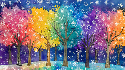 Fototapete - watercolor trees and colorful snowflakes on the background