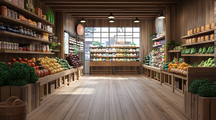 Poster - wooden wooden table, aisle and grocery store