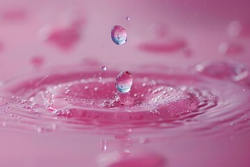 Wall Mural - Captivating Water Droplets Creating Ripples on a Pink Surface