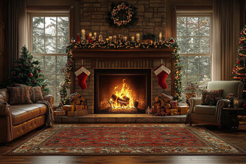 Poster - A warm fireplace with stockings hung carefully in a cozy living room adorned with holiday decor creates a scene of peace and comfort. Concept of holiday spirit.