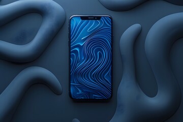 Poster - Sleek Smartphone on Abstract Blue Background with Fluid Shapes