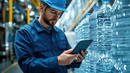 Poster - Man inspecting bottled water with a tablet in a factory. Bottles lined up in the foreground, emphasizing quality control in manufacturing