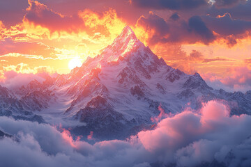 Wall Mural - a snow-covered mountain peak glowing in the light of dawn creates a majestic and awe-inspiring scene