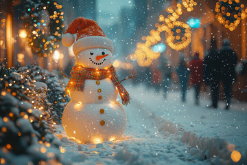 Sticker - A snowy evening where children build a snowman outside while the adults hang wreaths and lights captures the fun and togetherness of Christmas. Concept of holiday spirit.