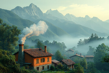 Wall Mural - a quiet village nestled in the mountains, with chimneys smoking as the sun sets, creates a cozy and 